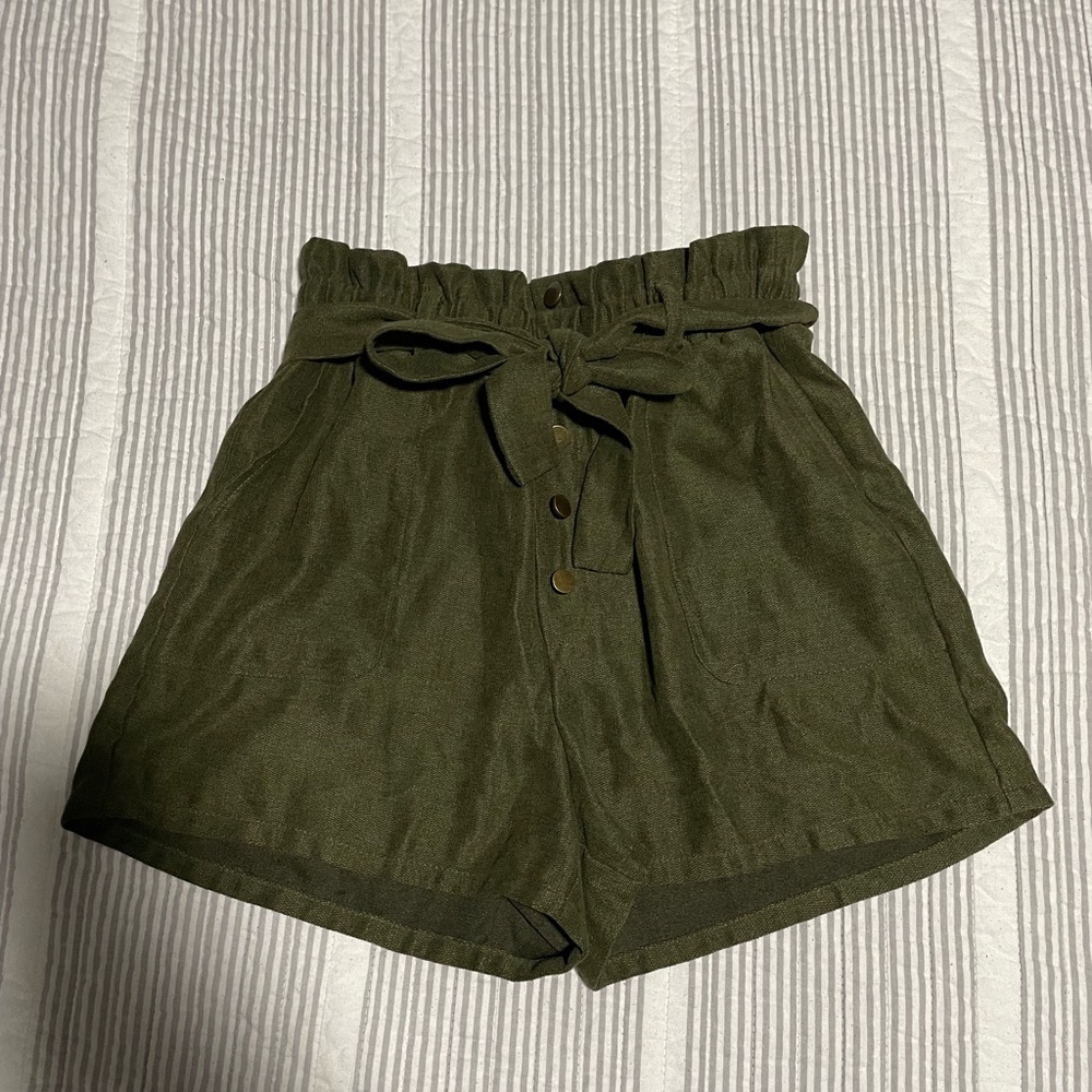 Boutique olive paper-bag shorts